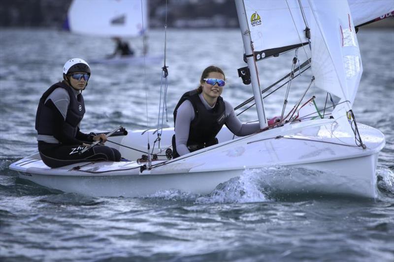 Tessa Clinton and Jess Handley  - Girls' 420 - Yachting New Zealand Youth Trials - Murrays Bay SC - April 2024 photo copyright Jacob Fewtrell Media taken at Murrays Bay Sailing Club and featuring the 420 class