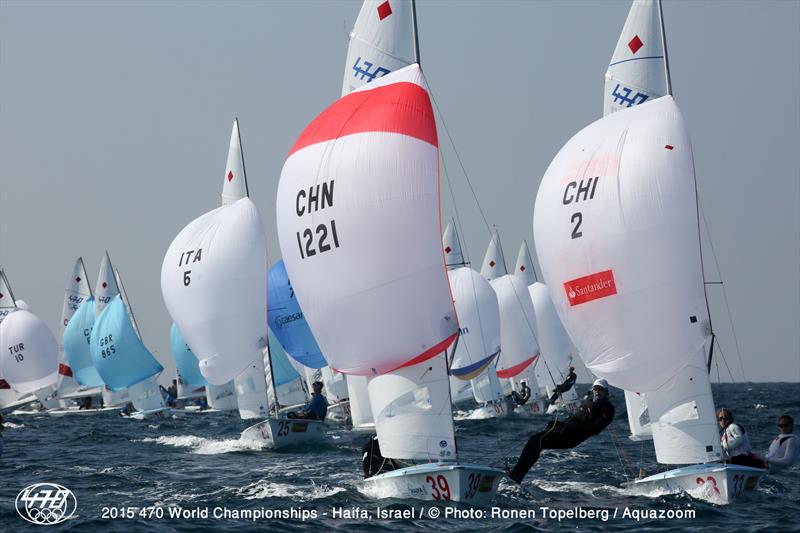 Women's fleet downwind at the 470 Worlds in Haifa photo copyright Aquazoom / Ronan Topelberg taken at Haifa Sailing Center and featuring the 470 class