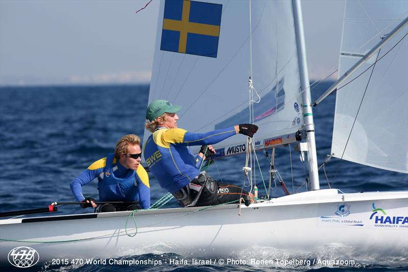 Anton Dahlberg/Fredrik Bergstrom (SWE349) at the 470 Worlds in Haifa photo copyright Aquazoom / Ronan Topelberg taken at Haifa Sailing Center and featuring the 470 class