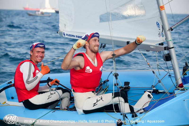 Bronze for Pavel Sozykin/Denis Gribanov (RUS5) at the 470 Worlds in Haifa photo copyright Aquazoom / Ronan Topelberg taken at Haifa Sailing Center and featuring the 470 class