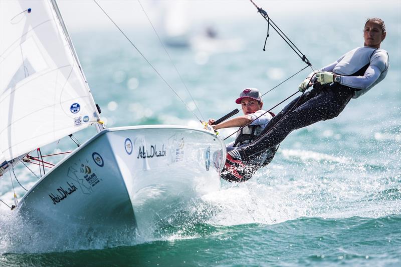 Lara Vadlau and Jolanta Ogar on day 2 of ISAF Sailing World Cup Final, Abu Dhabi  photo copyright Pedro Martinez / Sailing Energy / ISAF taken at Abu Dhabi Sailing & Yacht Club and featuring the 470 class