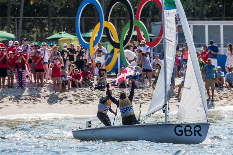 Hannah Mills & Saska Clark (GBR) celebrate gold in the Women's 470 class at the Rio 2016 Olympic Sailing Competition - photo © Sailing Energy / World Sailing