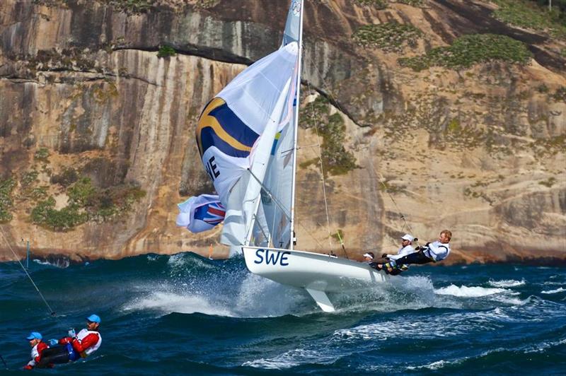 The Swedish mens crew launch in the 20-25kts winds and 3-4 metre Atlantic Ocean swells heading for the finish of Race 3 of the Mens 470 during the 2016 Rio Olympics photo copyright Richard Gladwell / www.photosport.co.nz taken at  and featuring the 470 class