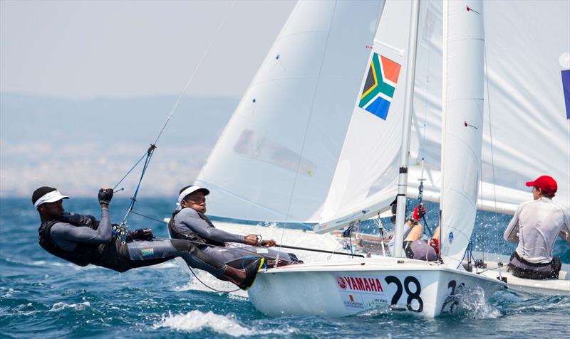 Asenathi Jim and Sibu Sizatu (RSA) at the 470 Worlds on day 1 photo copyright Nikos Alevromytis / International 470 Class taken at Nautical Club of Thessaloniki and featuring the 470 class