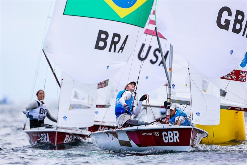 Hannah Mills & Eilidh McIntyre (GBR) in the Women's 470 on Tokyo 2020 Olympic Sailing Competition Day 6 photo copyright Sailing Energy / World Sailing taken at  and featuring the 470 class