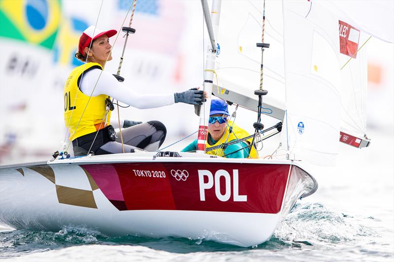 Agnieszka Skrzypulec and Jolanta Ogar (POL) in the Women's 470 on Tokyo 2020 Olympic Sailing Competition Day 6 photo copyright Sailing Energy / World Sailing taken at  and featuring the 470 class