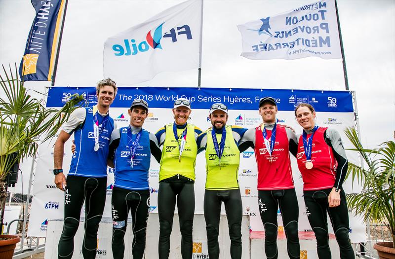 470 Mens - Medal ceremony - Paul Snow-Hansen and Daniel Willcox (right) - Sailing World Cup, Hyeres, April 29, 2018 - photo © Jesus Renedo / Sailing Energy