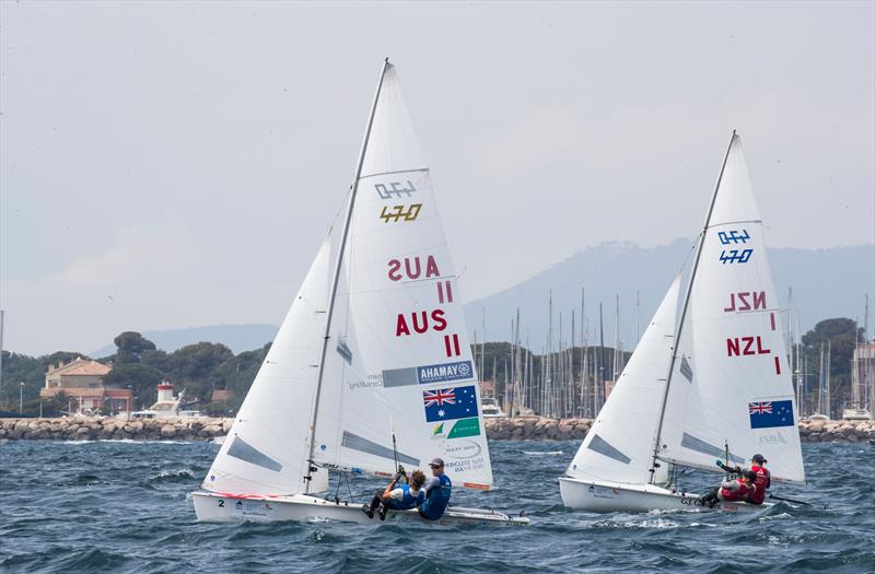 Paul Snow-Hansen and Daniel Willcox trail Matt Belcher and Will Ryan (AUS) - Sailing World Cup, Hyeres, April 29, 2018 - photo © Richard Langdon / Sailing Energy