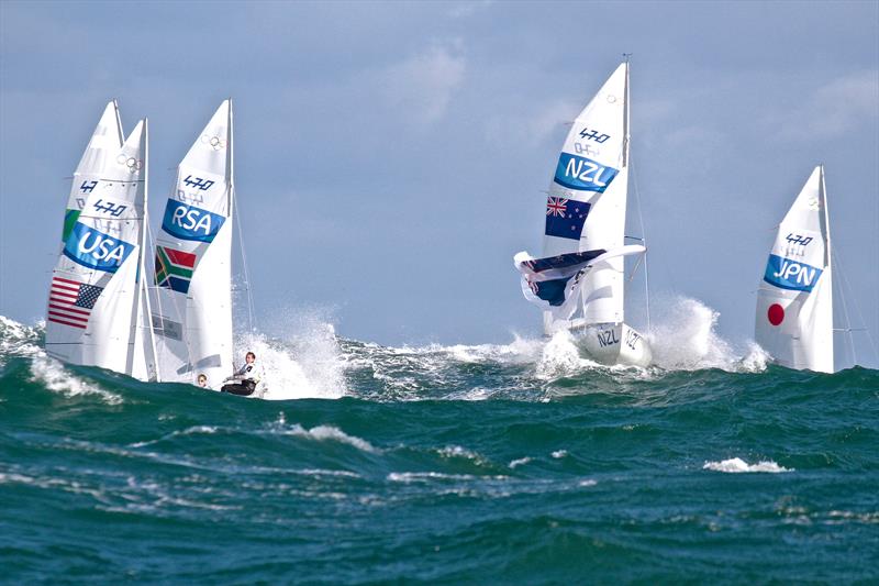 470 surf down a four metre Atlantic roller on Day 4, 2016 Olympic Regatta, Rio de Janerio - photo © Richard Gladwell