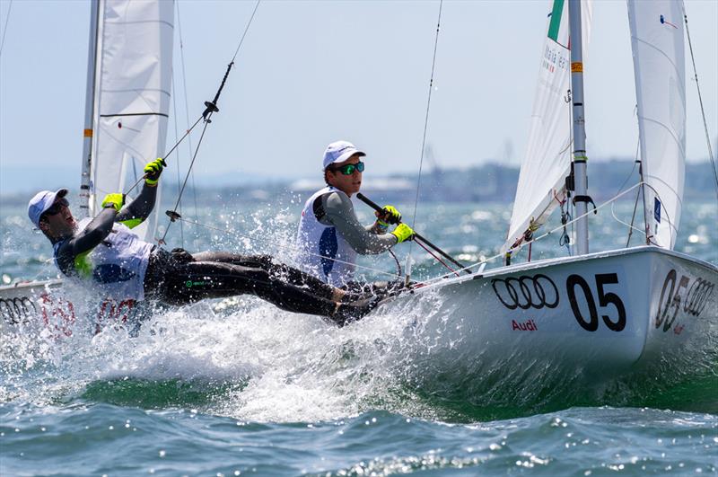 Giacomo Ferrari/Giulio Calabro (ITA) - 2018 470 European Championship photo copyright Nikos Alevromytis / International 470 Class taken at Yacht Club Port Bourgas and featuring the 470 class