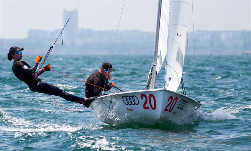 Gil Cohen/Noa Lasry (ISR) on top in the 470 Women after 3 races - 2018 470 European Championships  photo copyright Nikos Alevromytis / International 470 Class taken at Yacht Club Port Bourgas and featuring the 470 class