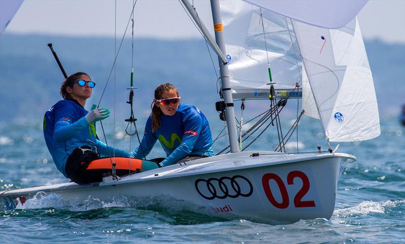 Silvia Mas/Patricia Cantero (ESP) in 2nd overall after 3 races - 2018 470 European Championships  photo copyright Nikos Alevromytis / International 470 Class taken at Yacht Club Port Bourgas and featuring the 470 class