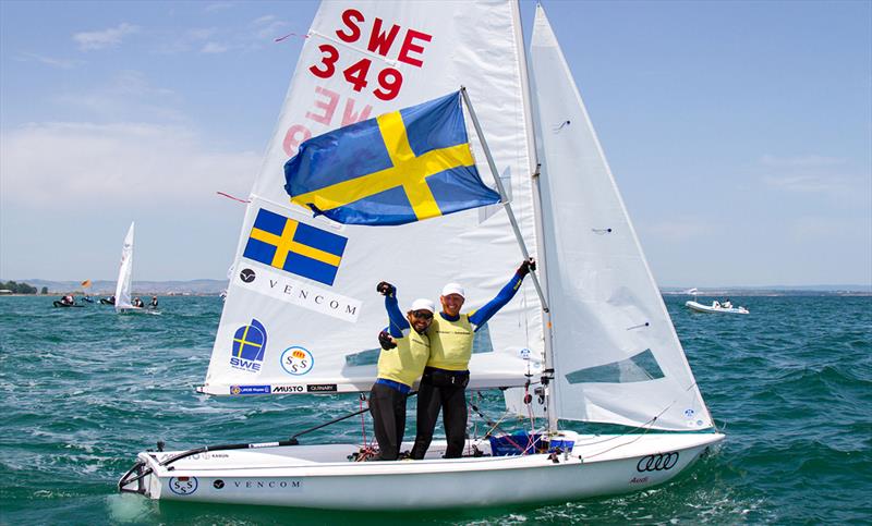 Anton Dahlberg/Fredrik Bergstrom (SWE) win gold - 2018 470 European Championship - Day 6 photo copyright Nikos Alevromytis / International 470 Class taken at Yacht Club Port Bourgas and featuring the 470 class