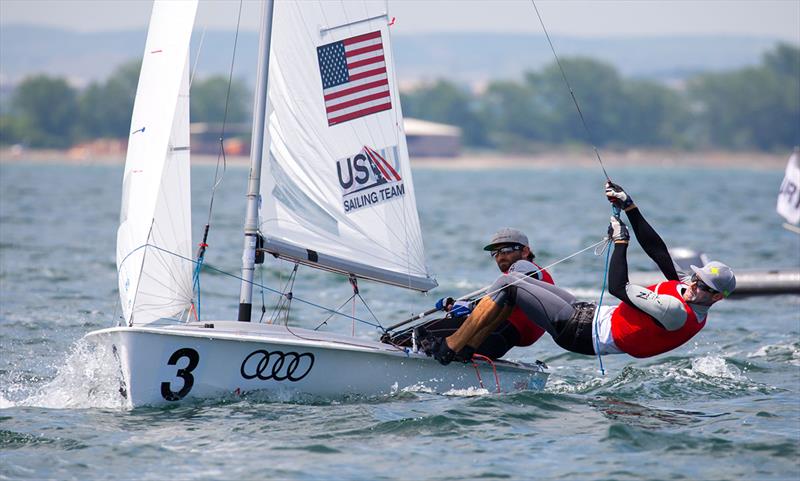 Stuart McNay/David Hughes (USA) finish in second overall in the Open European leaderboard - 2018 470 European Championship - Day 6 photo copyright Nikos Alevromytis / International 470 Class taken at Yacht Club Port Bourgas and featuring the 470 class