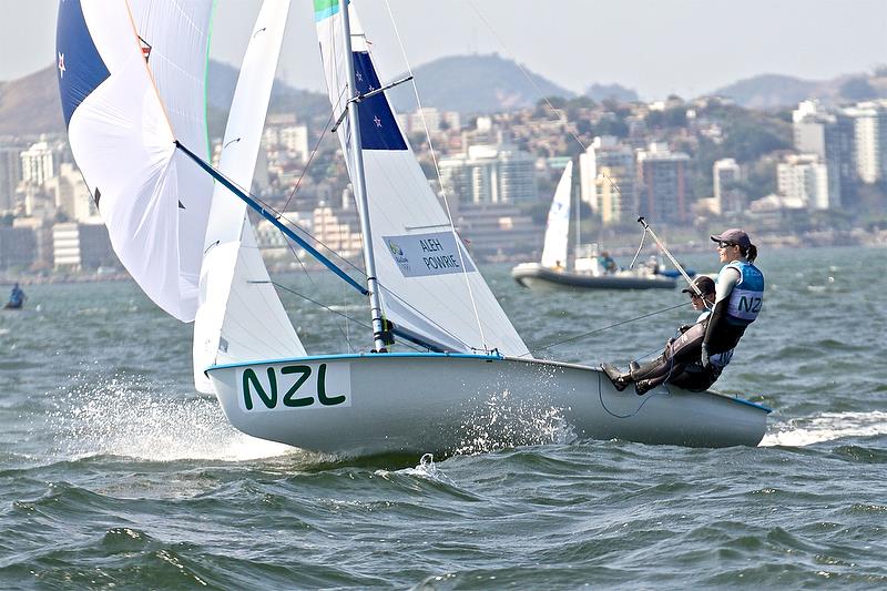 Polly Powrie (crew) crosses the finish line in the Medal Race of the Womens 470 in the 2016 Olympics photo copyright Richard Gladwell taken at  and featuring the 470 class