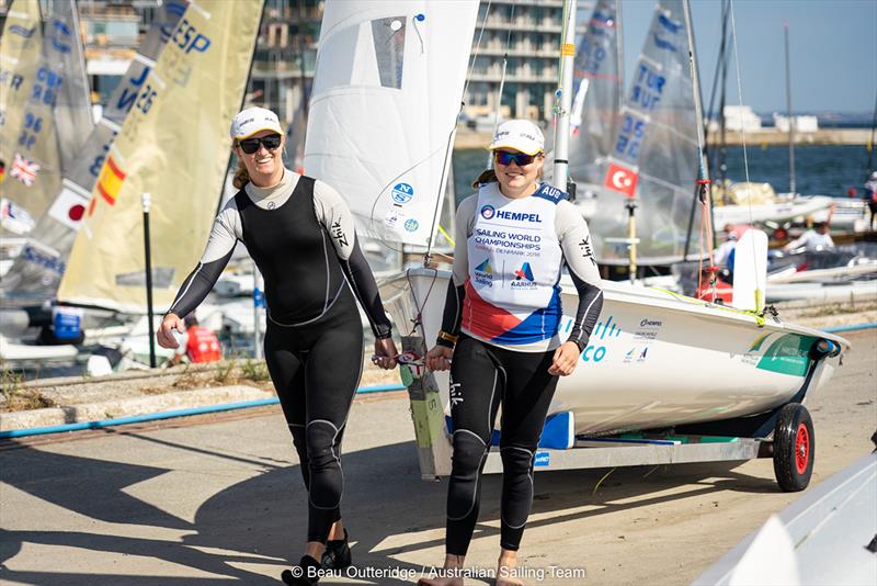 Nia Jerwood/Monique de Vries on day 2 of Hempel Sailing World Championships Aarhus 2018 photo copyright Beau Outteridge taken at Sailing Aarhus and featuring the 470 class