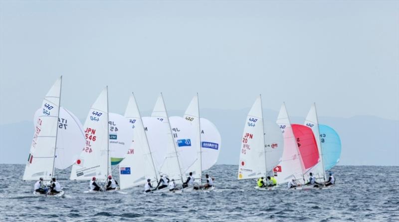 470 fleet on Day 2 at World Cup Series Enoshima photo copyright Jesus Renedo / Sailing Energy / World Sailing taken at  and featuring the 470 class