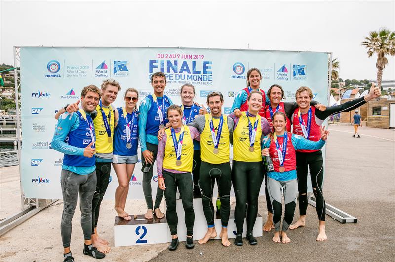 470 men's and women's winners podium at the Hempel World Cup Series Final in Marseille photo copyright Sailing Energy / World Sailing taken at  and featuring the 470 class