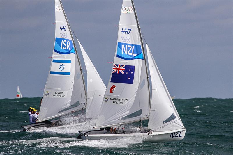 470's bow to bow in the big breeze, big seas on the Ocean course in Rio - will Enoshima turn on more of the same? photo copyright Richard Gladwell taken at Iate Clube do Rio de Janeiro and featuring the 470 class