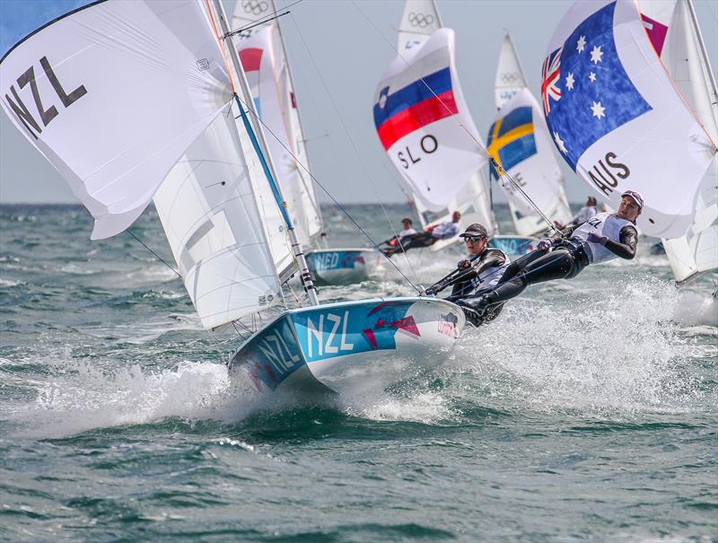 Jo Aleh and Polly Powrie (NZL) on their way to winning one of the 30 Olympic medals won by Mackay Boats - Day 6 - Weymouth 2012 - photo © Richard Gladwell