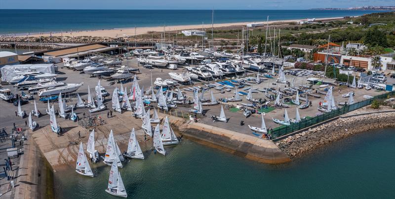 The fleet launch at the 2021 470 Europeans photo copyright Joao Costa Ferreira taken at Vilamoura Sailing and featuring the 470 class