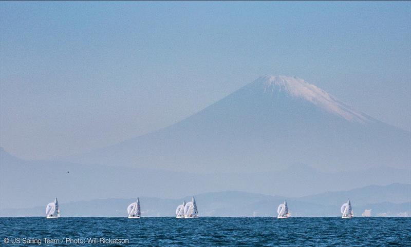 470 class athletes compete in the shadow of Mt. Fuji near the island of Enoshima, the venue for the sailing events of the Tokyo 2020 Olympic Games (July 23 to August 8, 2021) photo copyright Will Ricketson / US Sailing taken at  and featuring the 470 class