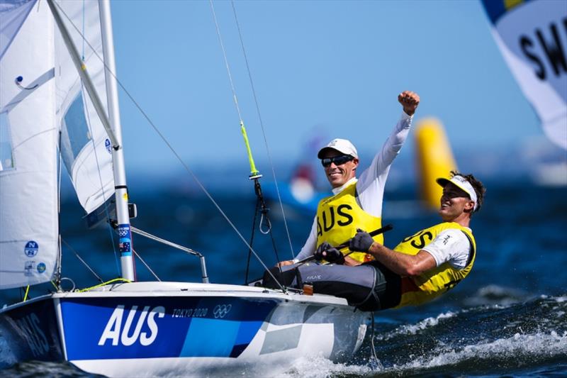 Mat Belcher (left) and Will Ryan winning Gold at Tokyo 2020 photo copyright Sailing Energy / World Sailing taken at  and featuring the 470 class