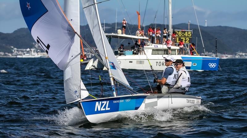 Paul Snow-Hansen and Dan Willcox about to finish the Mens 470 Medal race - Tokyo2020 - Day 10 - August 4, , Enoshima, Japan photo copyright Richard Gladwell - Sail-World.com / nz taken at  and featuring the 470 class