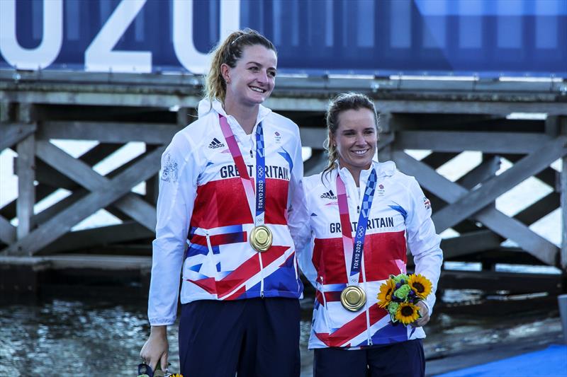 Hannah Mills (rigfht) and Eilidh McIntyre - 470 EWomens Medal CeremonyTokyo2020 - Day 10 - August 4, , Enoshima, Japan photo copyright Richard Gladwell - Sail-World.com / nz taken at  and featuring the 470 class