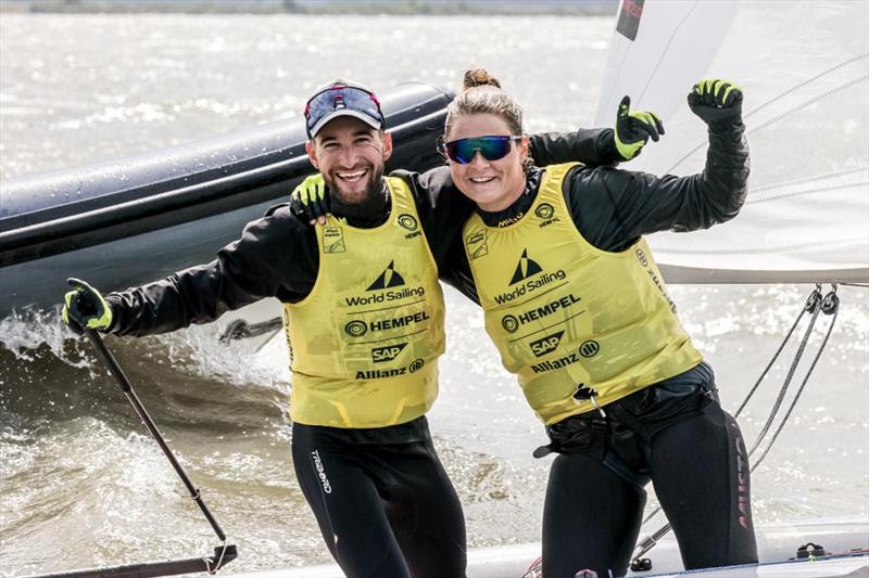 Yves Mermod and Maja Siegenthaler (SUI) take gold in the 470 Mixed - photo © Sailing Energy / Hempel World Cup Series Allianz Regatta