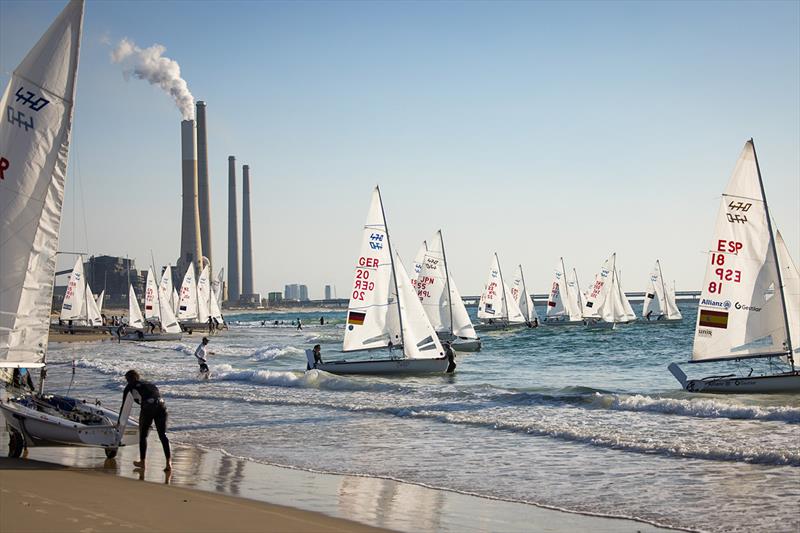 Beach launching - 470 World Championships photo copyright Nikos Alevromytis taken at Sdot Yam Sailing Club and featuring the 470 class