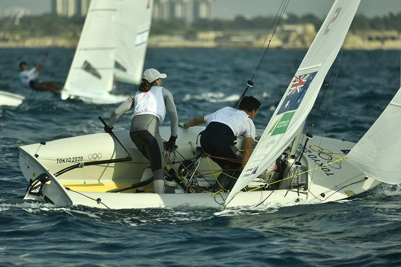 Jerwood and Nicolas Gybe - 470 World Championships photo copyright Nikos Alevromytis / International 470 Class taken at Sdot Yam Sailing Club and featuring the 470 class