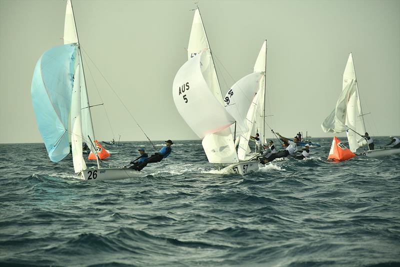 Nia Jerwood and Conor Nicholas in fleet  - 470 World Championships 2022 photo copyright Nikos Alevromytis / International 470 Class taken at Sdot Yam Sailing Club and featuring the 470 class