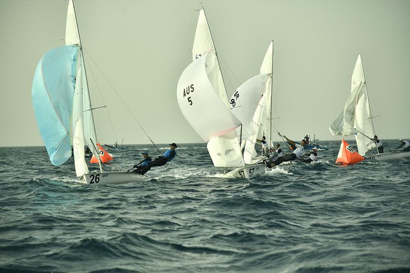 Nia Jerwood and Conor Nicholas in fleet  - 470 World Championships 2022 - photo © Nikos Alevromytis / International 470 Class