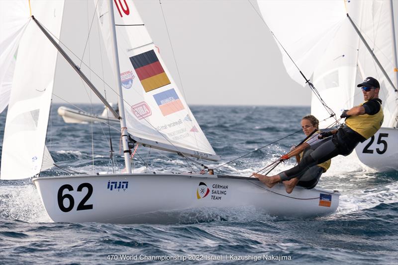 Yellow-bibbed and barefooted, Germany going fast on 470 Worlds at Sdot Yam, Israel day 3 photo copyright Kazushige Nakajima / Int. 470 Class taken at Sdot Yam Sailing Club and featuring the 470 class