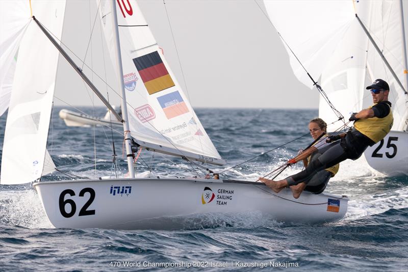 Yellow-bibbed and barefooted, Germany going fast on 470 Worlds at Sdot Yam, Israel day 3 - photo © Kazushige Nakajima / Int. 470 Class