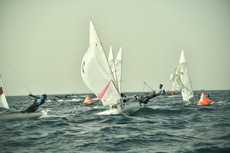 Jerwood and Nicholas around mark - 470 World Championships photo copyright Nikos Alevromytis / International 470 Class taken at Sdot Yam Sailing Club and featuring the 470 class