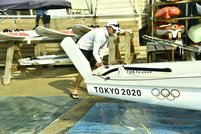 Malcolm Page preparing the boat - 470 World Championships photo copyright Amit Shisel taken at Sdot Yam Sailing Club and featuring the 470 class