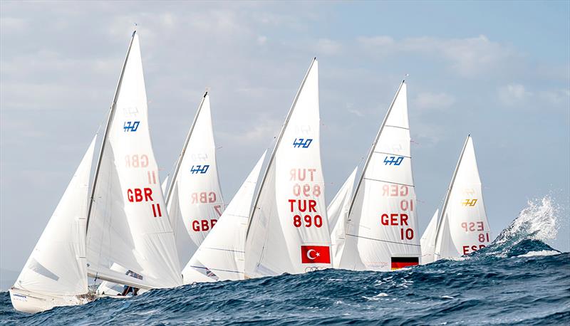 470 fleet revels in the huge Canary Islands swell - Lanzarote International Regatta 2023 photo copyright Sailing Energy/ Lanzarote Sailing Center taken at Lanzarote Sailing Center and featuring the 470 class