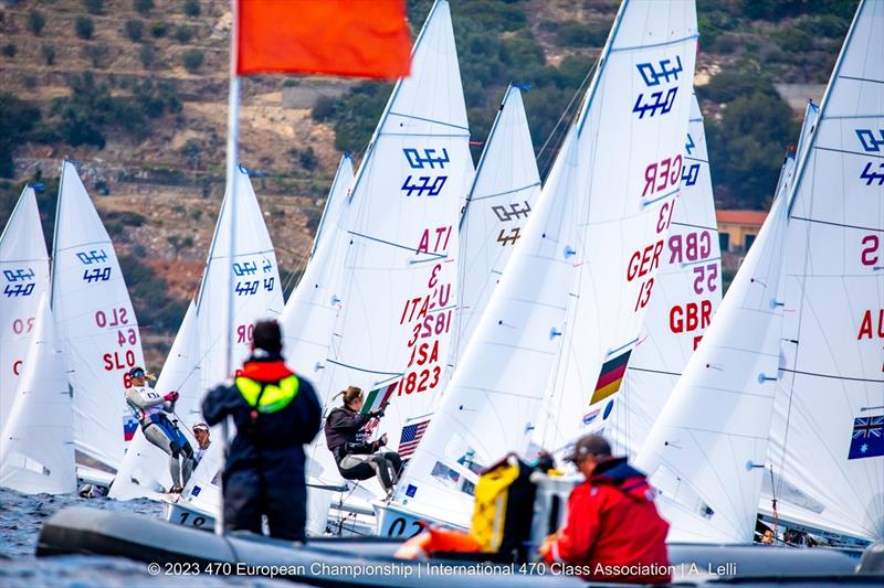 Sophie Jackson and Angus Higgins (far right) line up for a start - 470 European Championship - photo © A Lelli