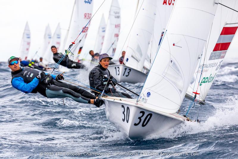 Jerwood and Nicholas (bow 13) holding their own at the top of the fleet in Race 10 on day 5 of the 470 European Championship photo copyright A Lelli taken at Yacht Club Sanremo and featuring the 470 class