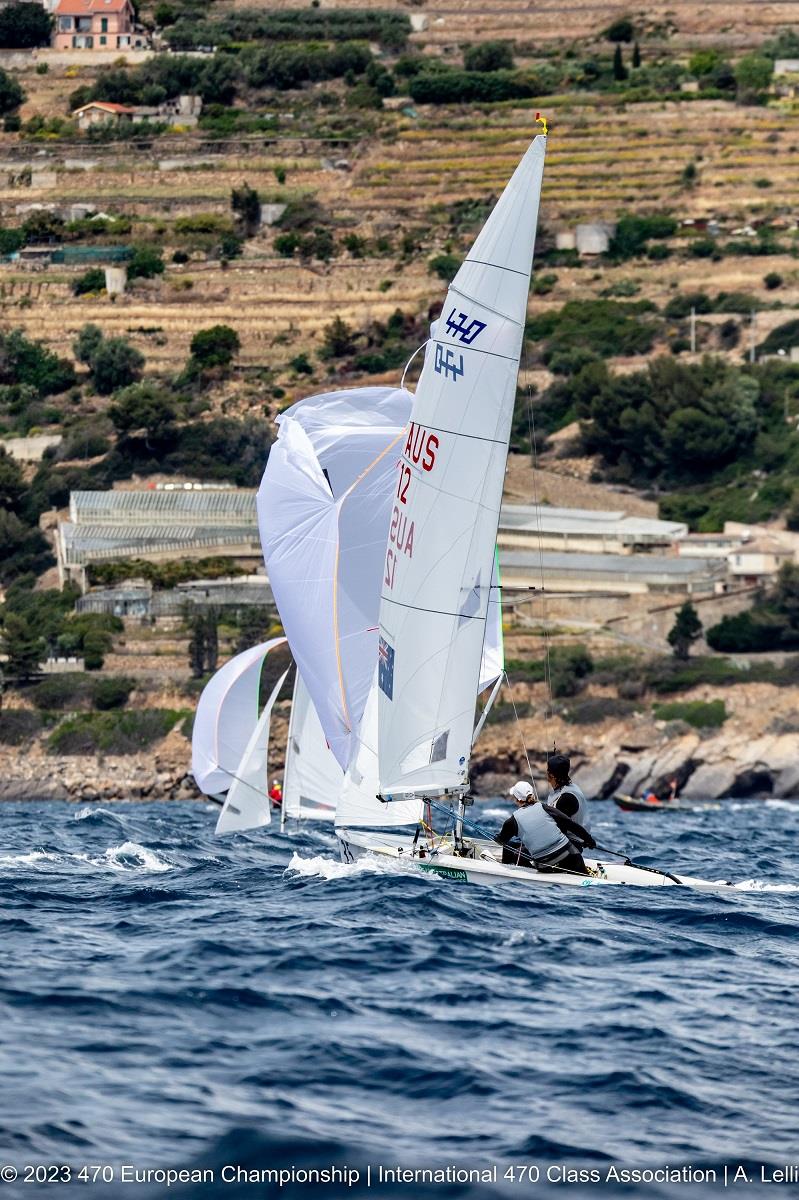 Sophie Jackson and Angus Higgins on a downwind leg on day 5 of the 470 European Championship photo copyright A Lelli taken at Yacht Club Sanremo and featuring the 470 class