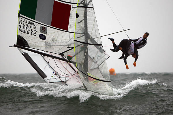 The Italian Sibello brothers watch their gold medal hopes go down the mine during the 49er medal race at the 2008 Olympic Sailing Regatta photo copyright Richard Langdon / Ocean Images taken at  and featuring the 49er class