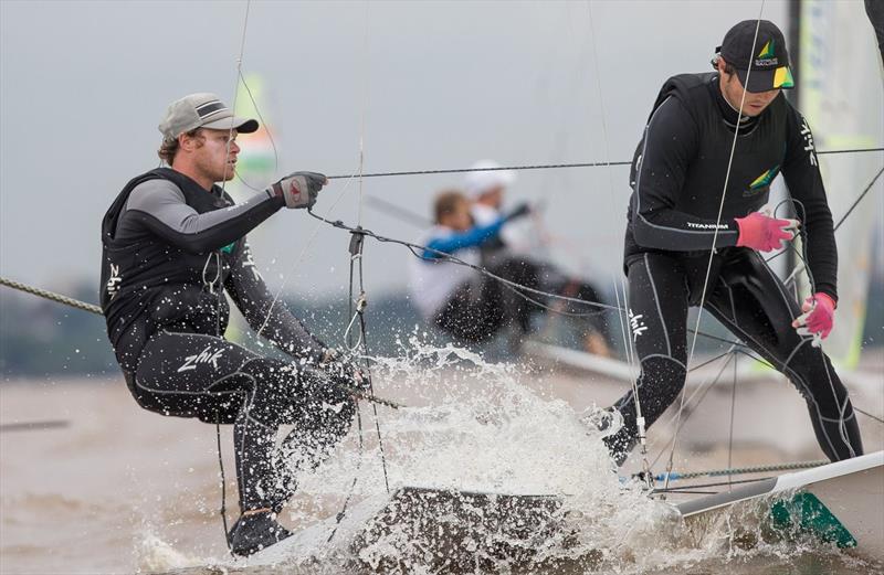 Outteridge and Jensen on 49er/49erFX World Championship day 3 photo copyright Matias Capizzano / www.capizzano.com taken at Club Náutico San Isidro and featuring the 49er class