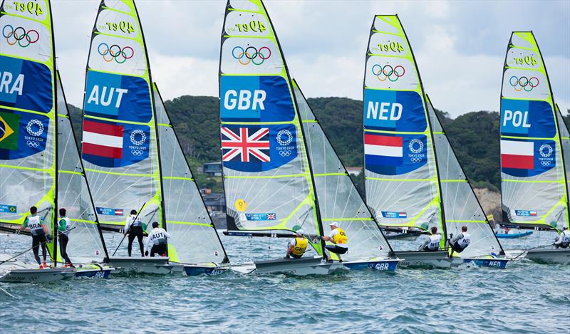 Men's 49er fleet on Tokyo 2020 Olympic Sailing Competition Day 6 photo copyright Sailing Energy / World Sailing taken at  and featuring the 49er class