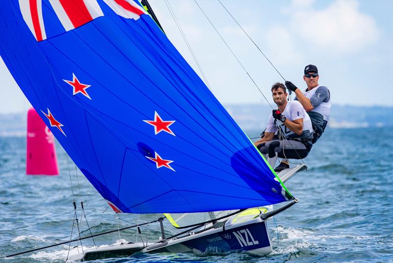 Pete Burling and Blair Tuke (NZL) in the Men's 49er on Tokyo 2020 Olympic Sailing Competition Day 6 photo copyright Sailing Energy / World Sailing taken at  and featuring the 49er class