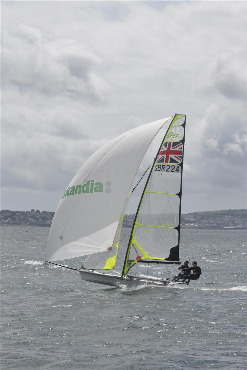 Simon Marks and Nick Murray running downwind on their way to winning the national title for the second year in a row photo copyright Jean Border / Border photos taken at Royal Torbay Yacht Club and featuring the 49er class
