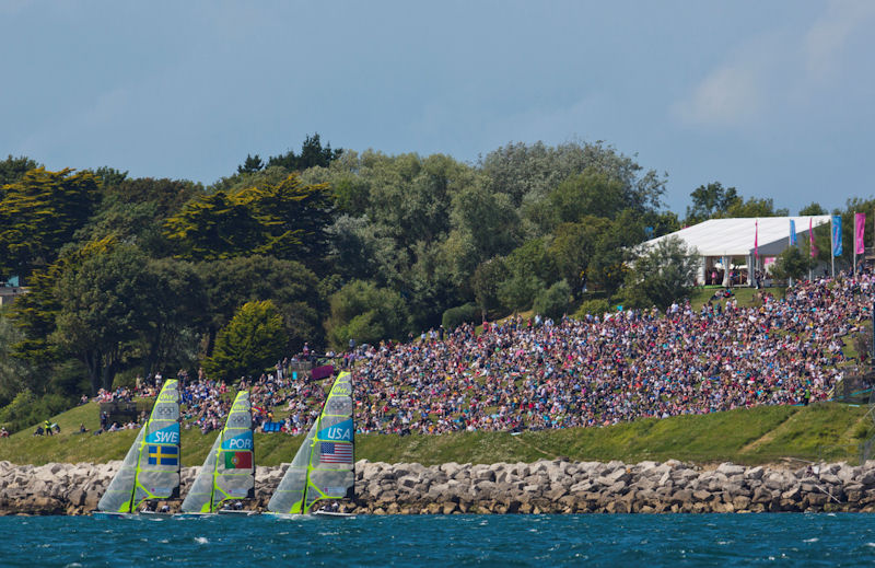 49er racing in front of the spectators at the London 2012 Olympic Sailing Competition - photo © Daniel Forster / www.go4image.com