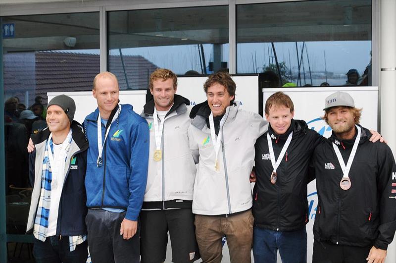 49er podium: Will & Sam Phillips | Joel Turner & David Gilmour | Judge Ryan & Hans Henken - Sail Melbourne International 2017 photo copyright Gordon Hyde taken at Royal Brighton Yacht Club and featuring the 49er class