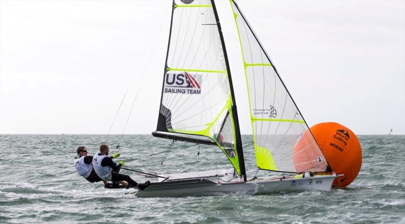 Day 3 – Judge Ryan (San Diego, Calif.) and Alain Sighn (GBR) – World Cup Series Miami photo copyright Jesus Renedo / Sailing Energy / World Sailing taken at  and featuring the 49er class